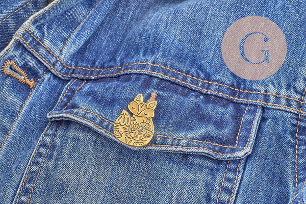 Broche renard gravée acier 304 inoxydable doré 35mm, décoration veste, x1 (G9782)