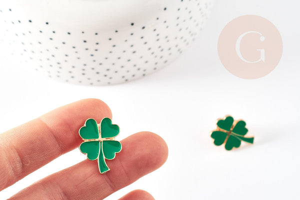 Broche trèfle à 4 feuilles zamac doré émail vert 23mm, x1 (G9207)