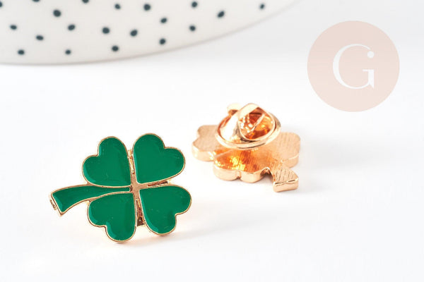 Broche trèfle à 4 feuilles zamac doré émail vert 23mm, x1 (G9207)