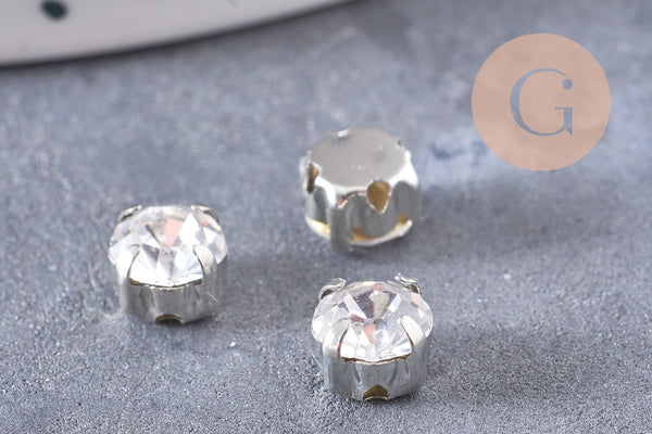 Cabochon carré cristal transparent métal platine à coudre 6x5mm, x50 (14.5gr) (G2247)