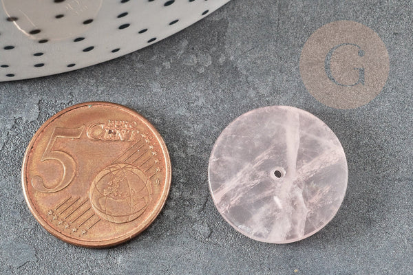 Cabochon disque quartz rose percé naturel 25mm, x1 (G6462)
