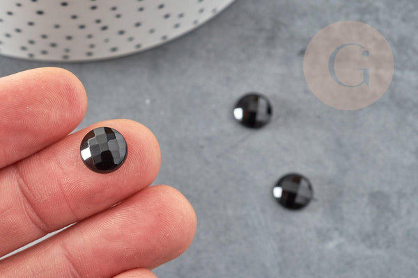 Cabochon rond agate naturelle noire facetté 10mm, x1 (G6692)