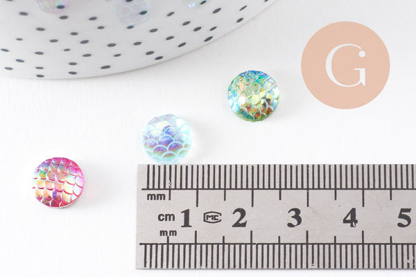 Cabochon rond écailles résine irisée multicolore 10mm, x5 (G7101)