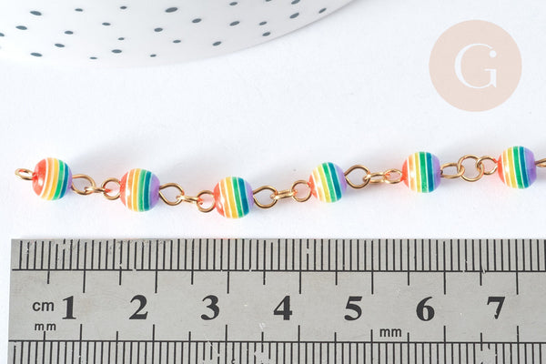Chaine acier 304 inoxydable doré perles rondes plastique multicolore 6mm, x1 mètre (G7185)