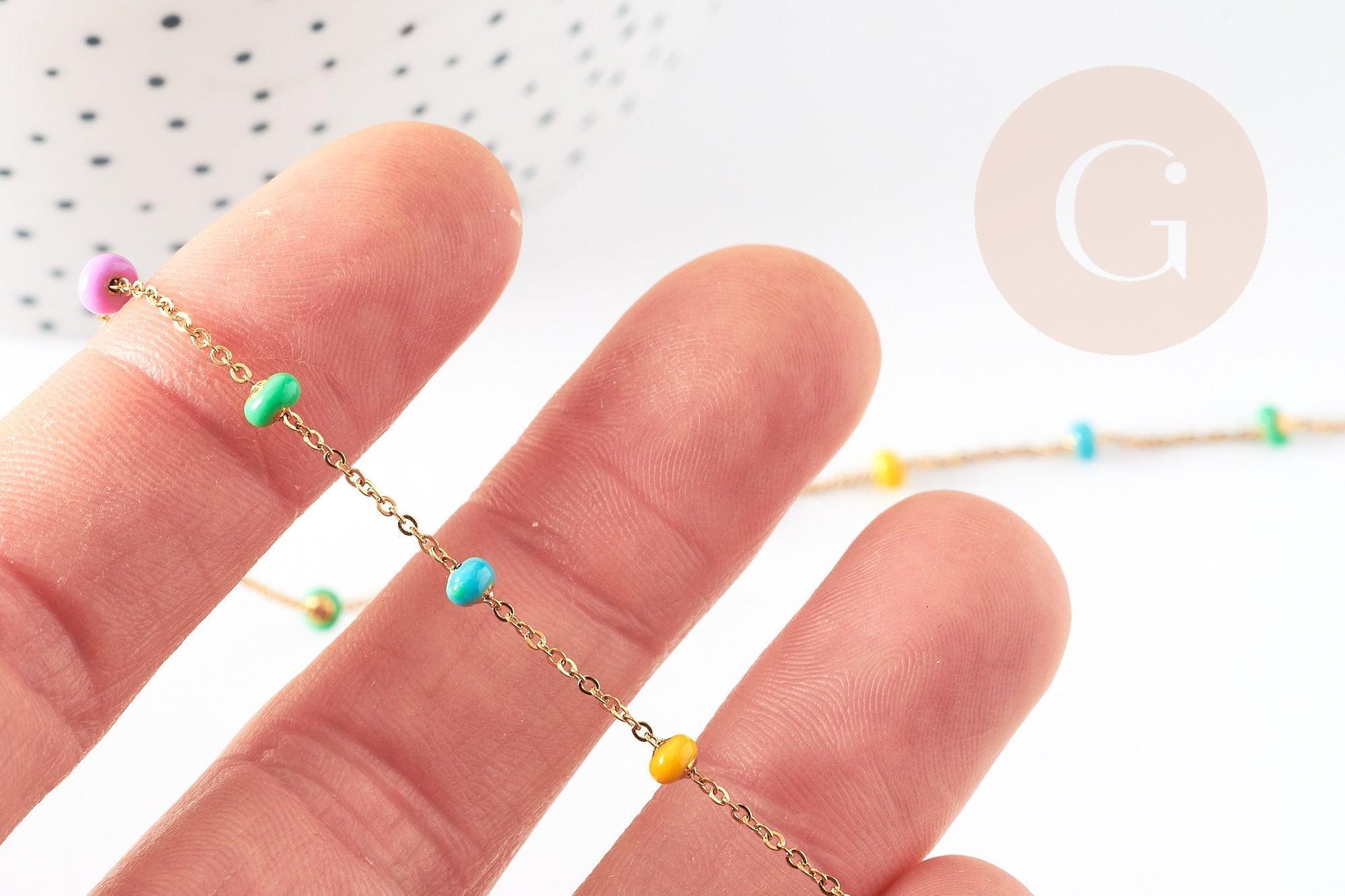 Chaine acier 304 inoxydable dorée 14k fantaisie résine multicolore pastel 0.5-1.mm, x1 mètre (G3037)