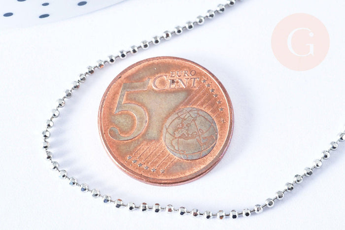 Collier Chaine boule fine laiton platine boule facettes 1.5mm/45cm,chaine collier laiton argenté chaine complète avec fermoir x1 G6202