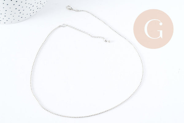 Chaine boule fine laiton platine boule facettes 1.5mm/45cm,chaine collier laiton argenté chaine complète avec fermoir x1 G6202