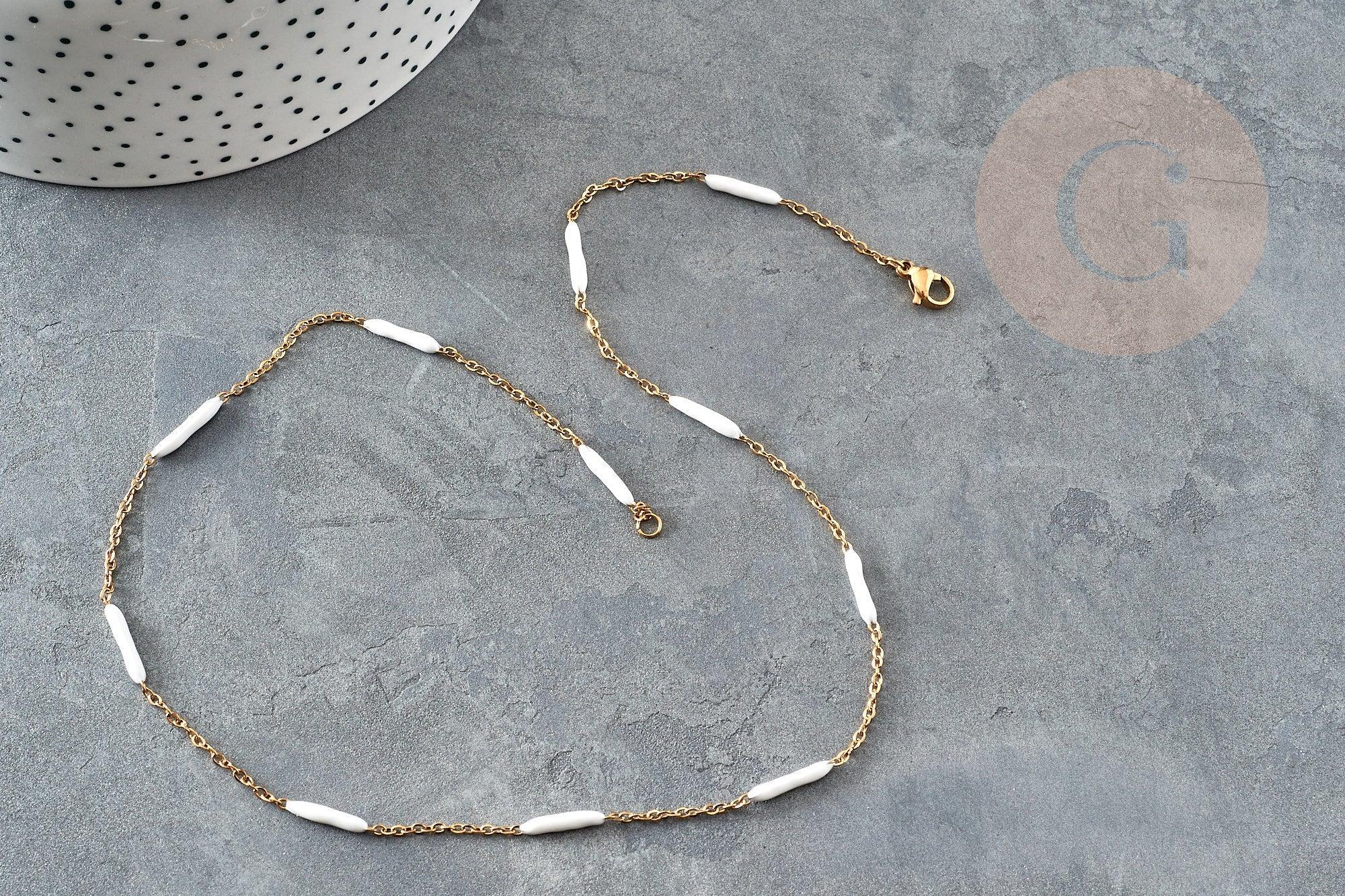 Collier Chaine complète acier inoxydable PVD/IP dorée 14k fantaisie résine blanche 2mm/45cm, chaine avec fermoir x1 G9373