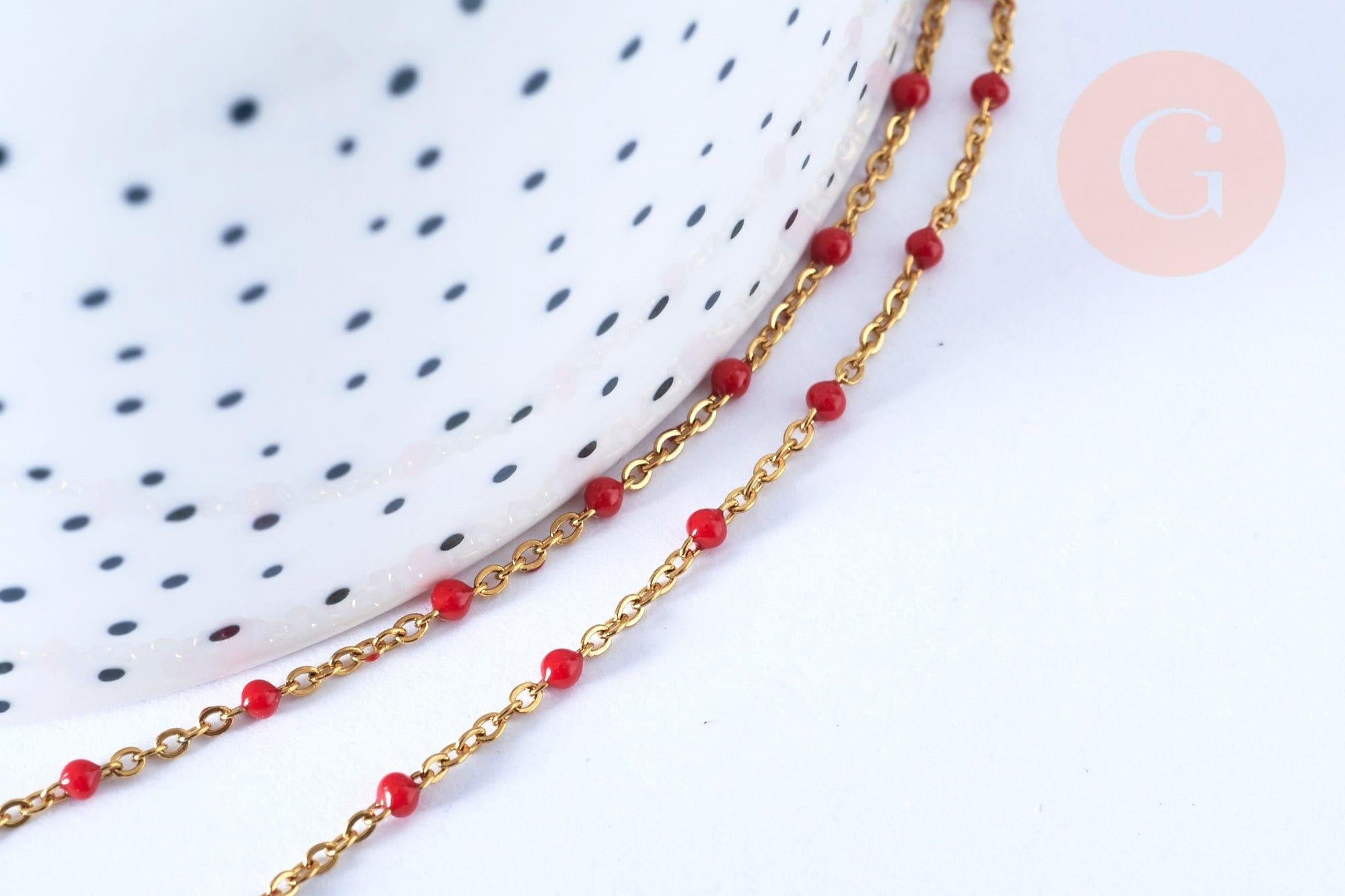 Collier Chaine de cheville acier inoxydable doré 14k résine rouge 23cm,chaine de cheville dorée, x1 G7112