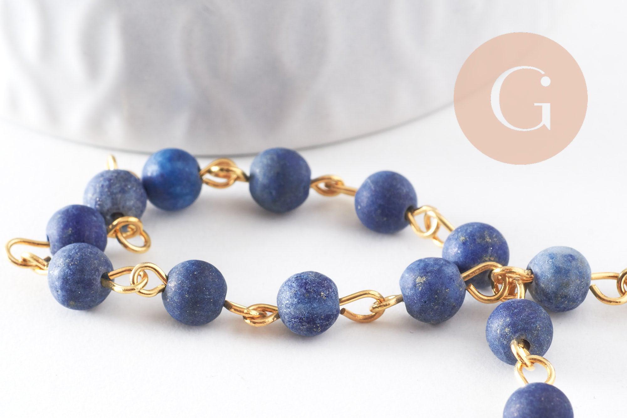 Chaine dorée perle lapis lazulis naturelle 6.5mm, x 1 mètre (G4216)