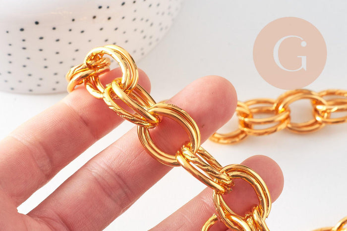Chaine double maille rolo aluminium doré texturé 22mm, x1 mètre (G10591)
