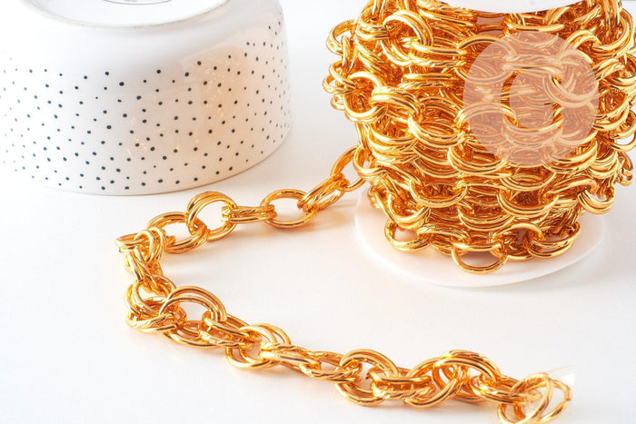Chaine double maille rolo aluminium doré texturé 22mm, x1 mètre (G10591)
