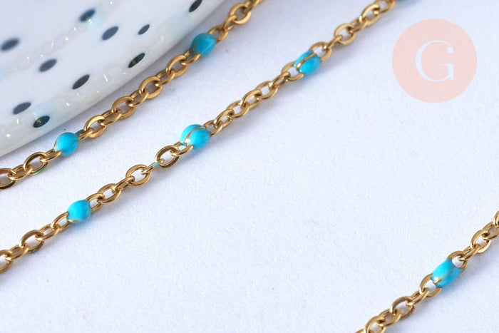 Collier Chaîne fine acier doré inoxydable émail bleu turquoise 43cm, sans nickel, x1 G7113