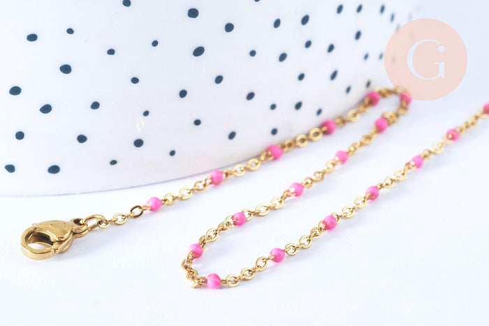 Collier Chaîne fine avec fermoir acier doré inoxydable émail rose 45cm, création bijoux fantaisie sans nickel, x1 (G7130)