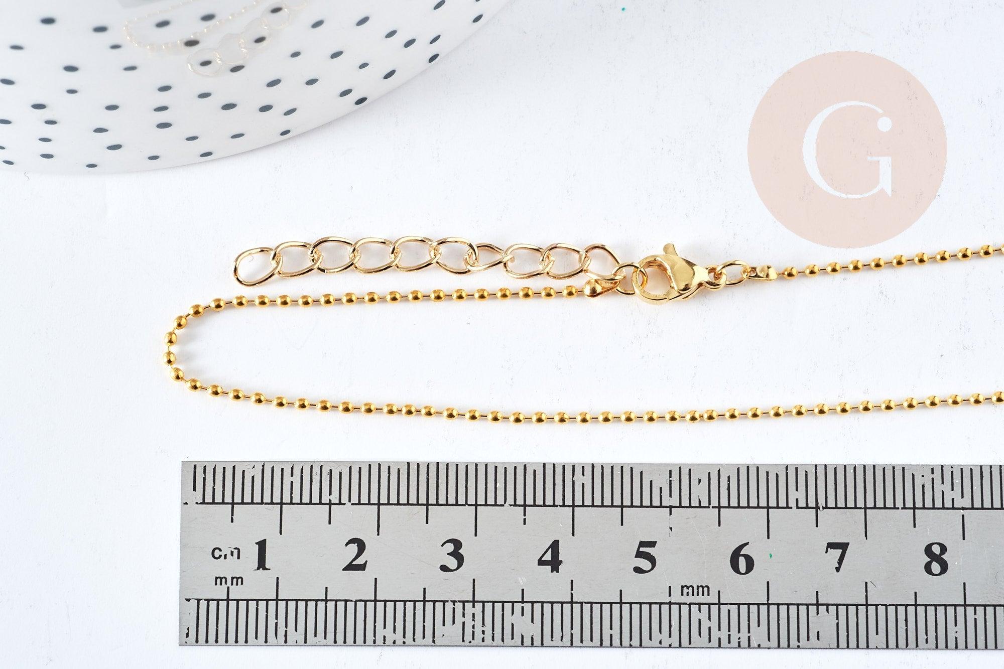 Collier Chaine fine boule laiton doré facettes 45.5cm-1.5mm avec extension,chaine collier en laiton, chaine avec fermoir, x1 (G8586)