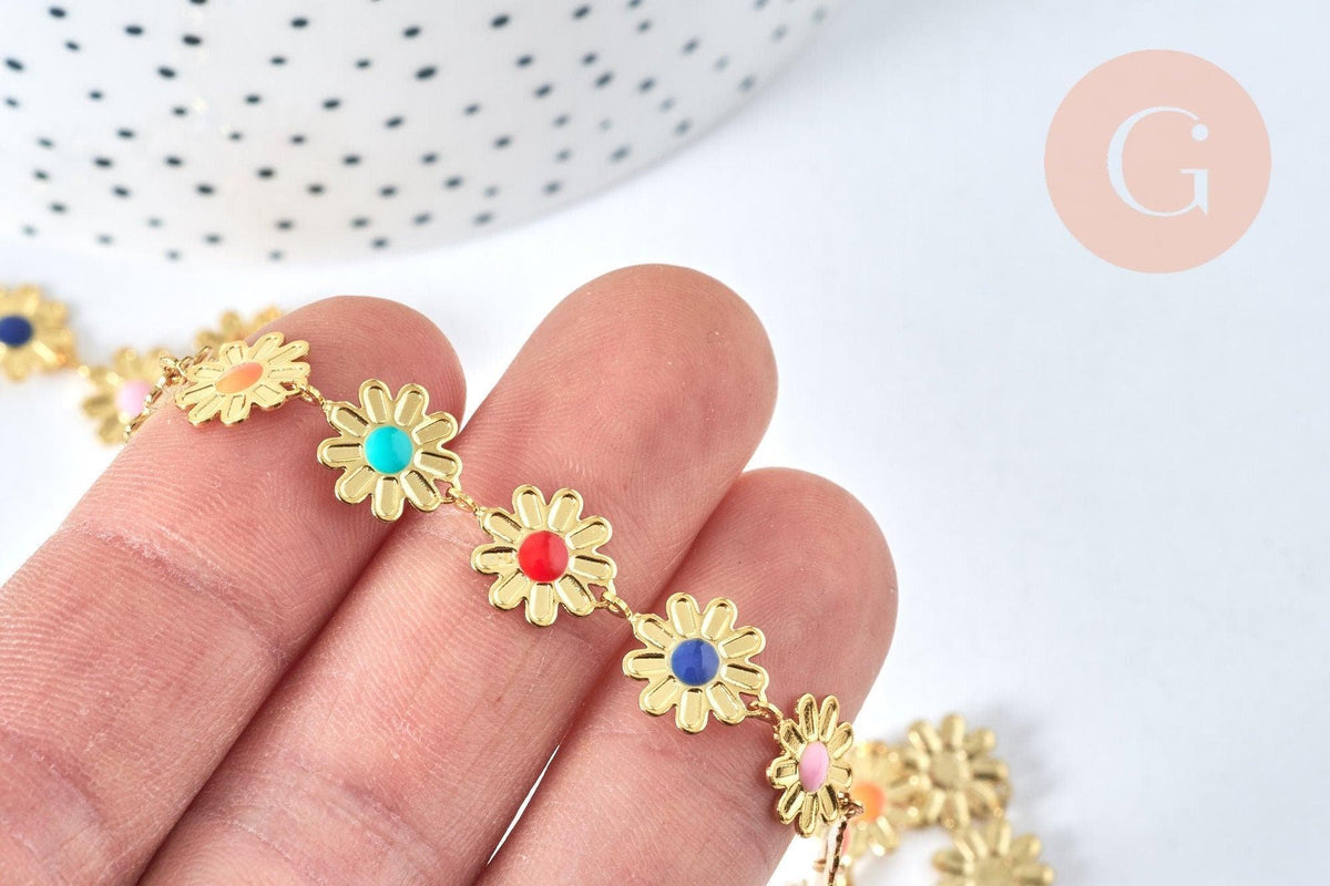 Chaine fleurs laiton doré 18 carats 13.5mm émail multicolore, x1 mètre (G6786)