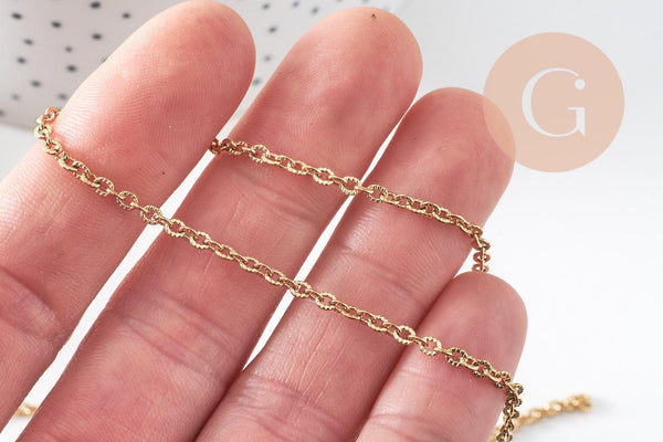 Chaine forçat texturée acier 304 inoxydable dorée IP 14K 2mm, x1 metre (G0448)