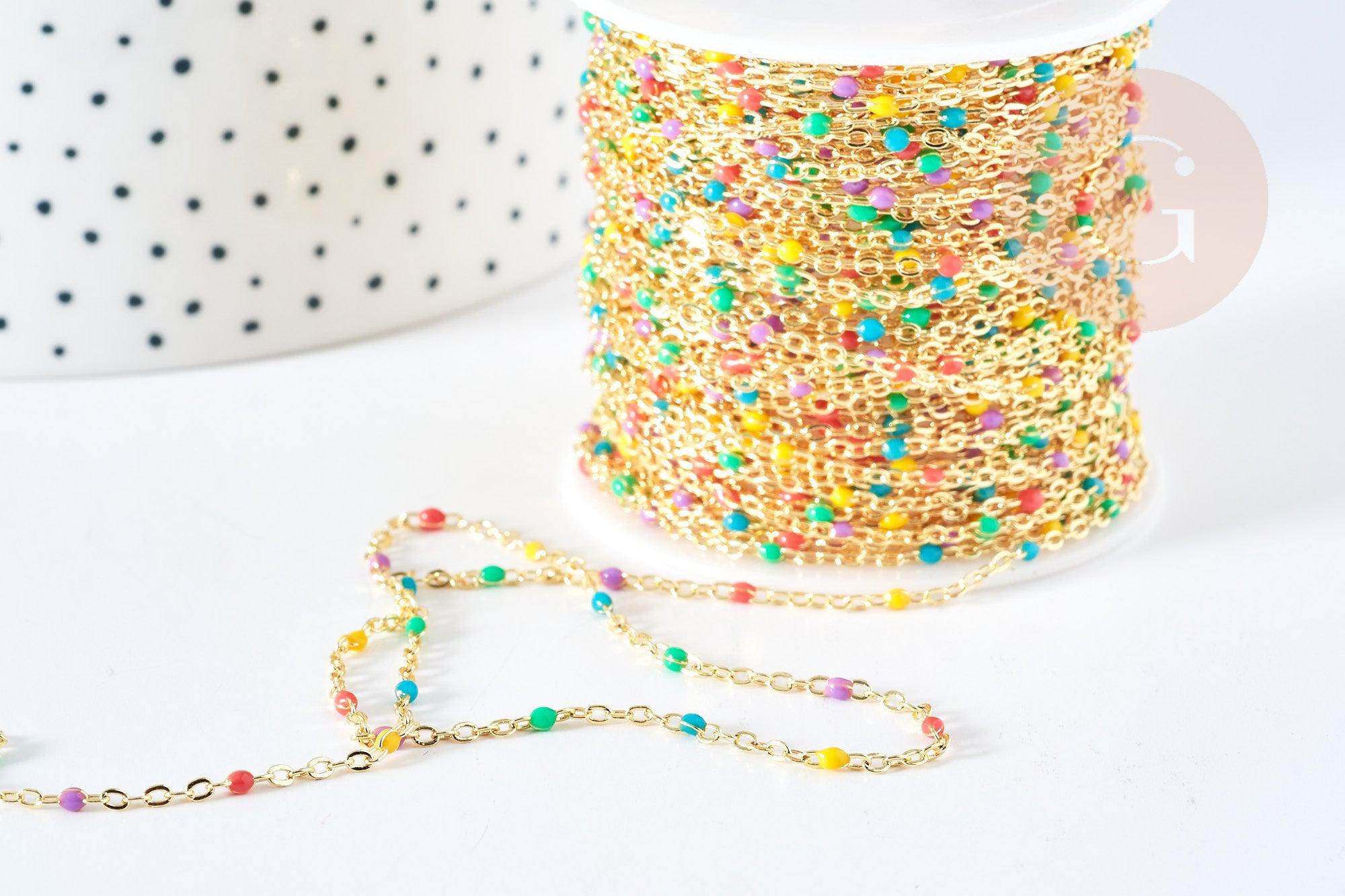 Chaine laiton doré 18K résine multicolore 1.5mm, x1 mètre (G8567)