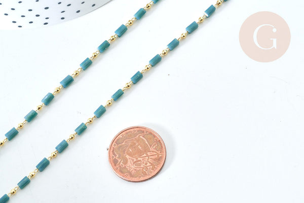 Chaine perle tube verre vert laiton doré 18K 2.5x4.5mm, création de bijoux coloré DIY, x1 mètre (G7822)
