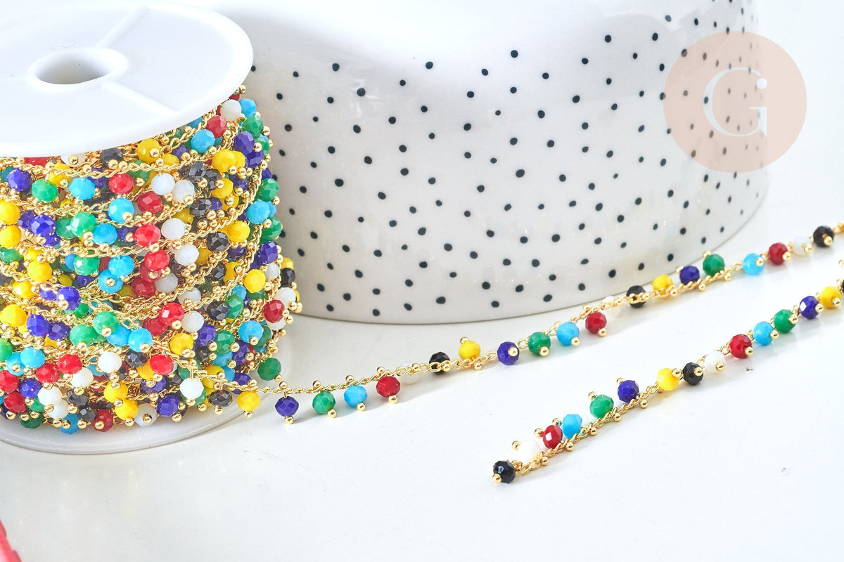 Chaine perle verre facettée abacus coloré laiton doré 7x4mm, création de bijoux coloré DIY, x1 mètre (G7817)