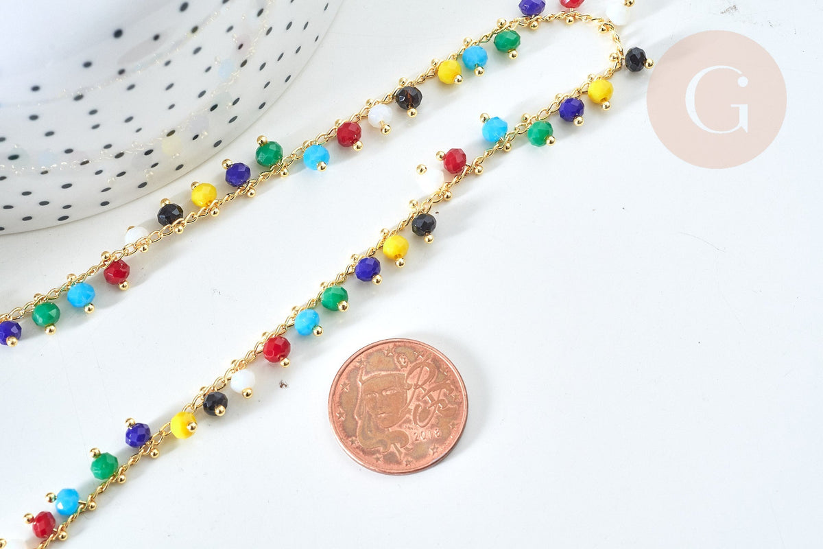Chaine perle verre facettée abacus coloré laiton doré 7x4mm, création de bijoux coloré DIY, x1 mètre (G7817)