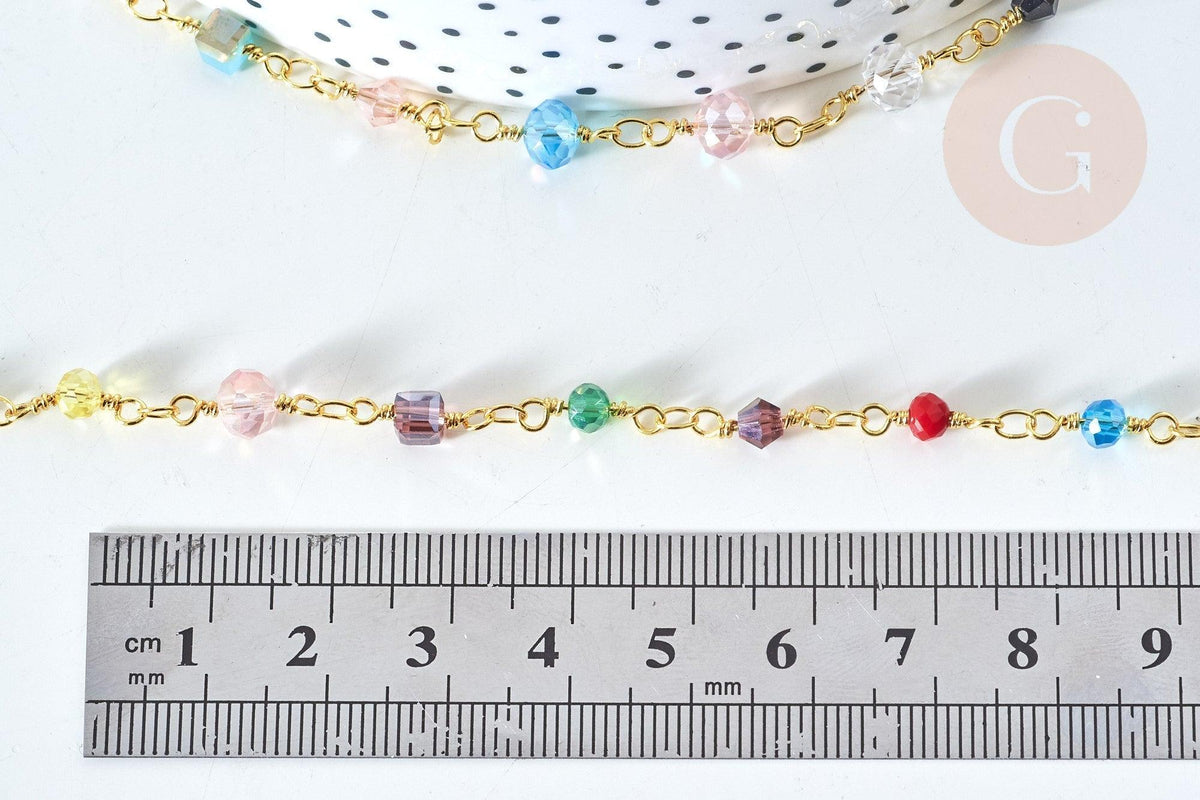 Chaine perle verre facettée coloré fer doré 4~6x3~5mm, création de bijoux coloré DIY, x1 mètre (G7816)