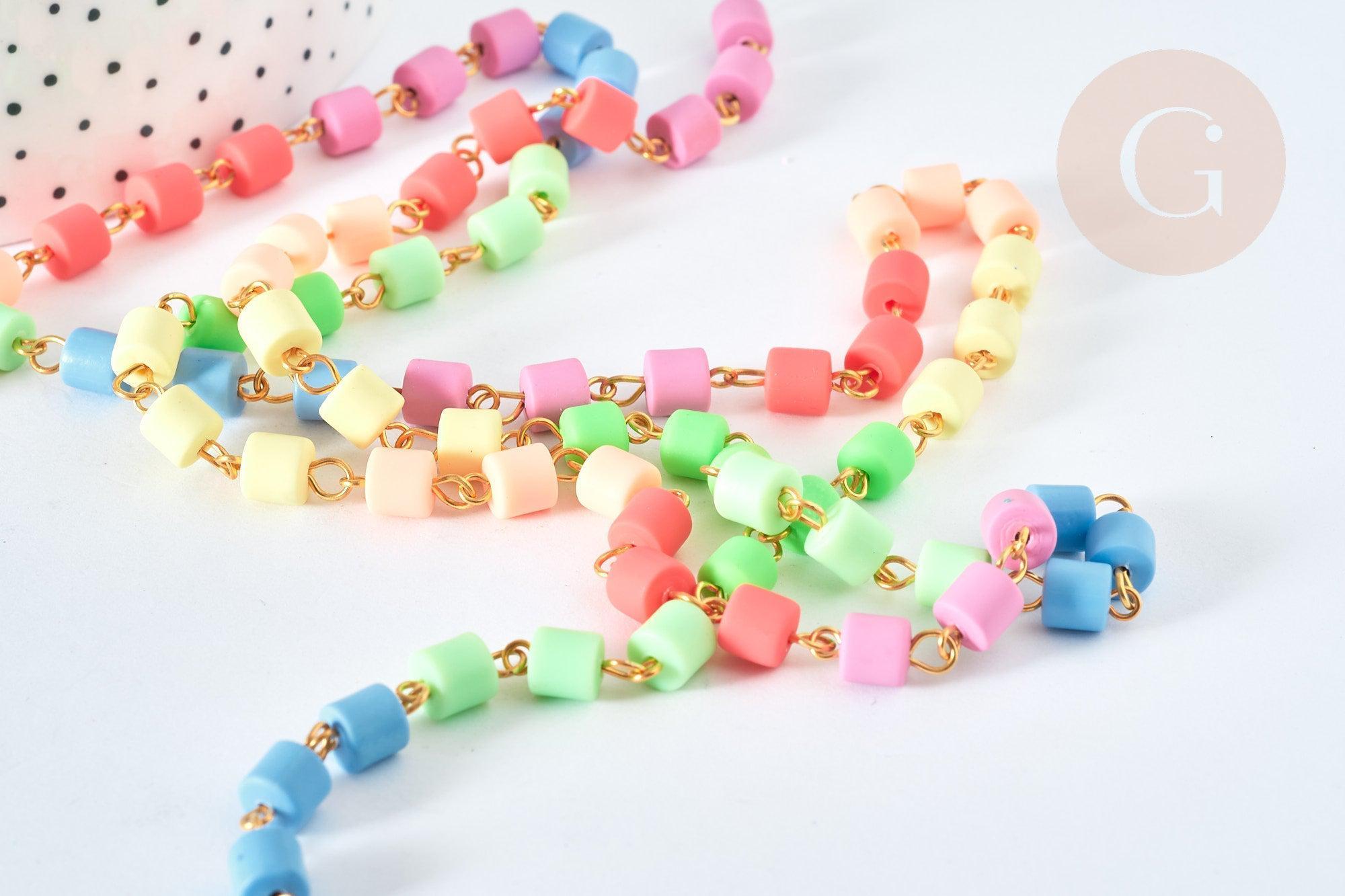 Chaine perles tubes polymère multicolore heishi fer doré 6mm, fabrication bijoux coloré, x1m (G7237)