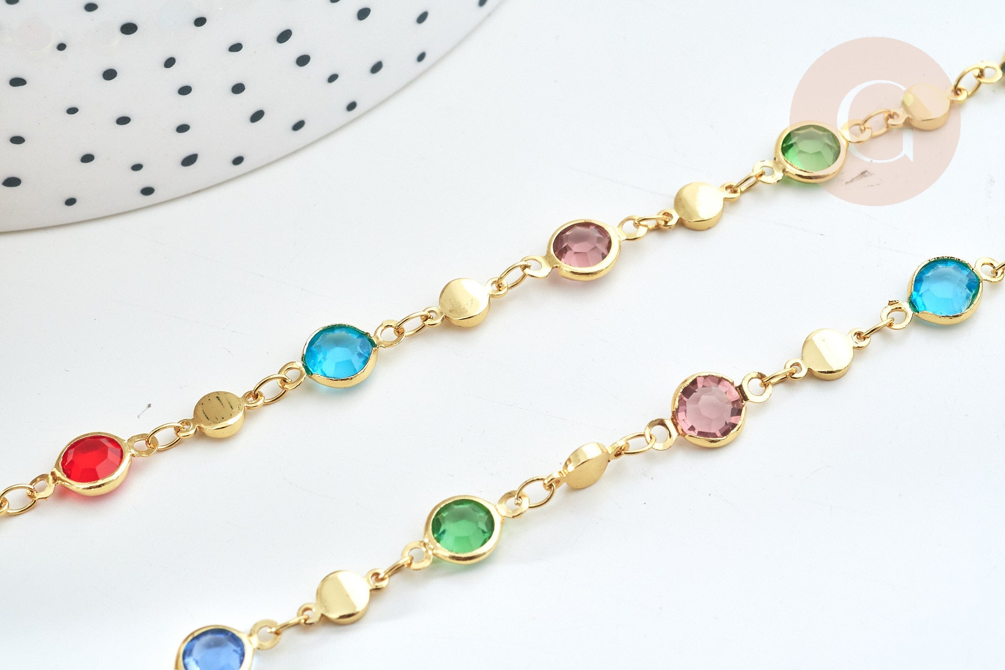 Chaine soudée perle verre laiton doré couleur mixte 13mm, chaine collier création bijoux, x 50cm G7823