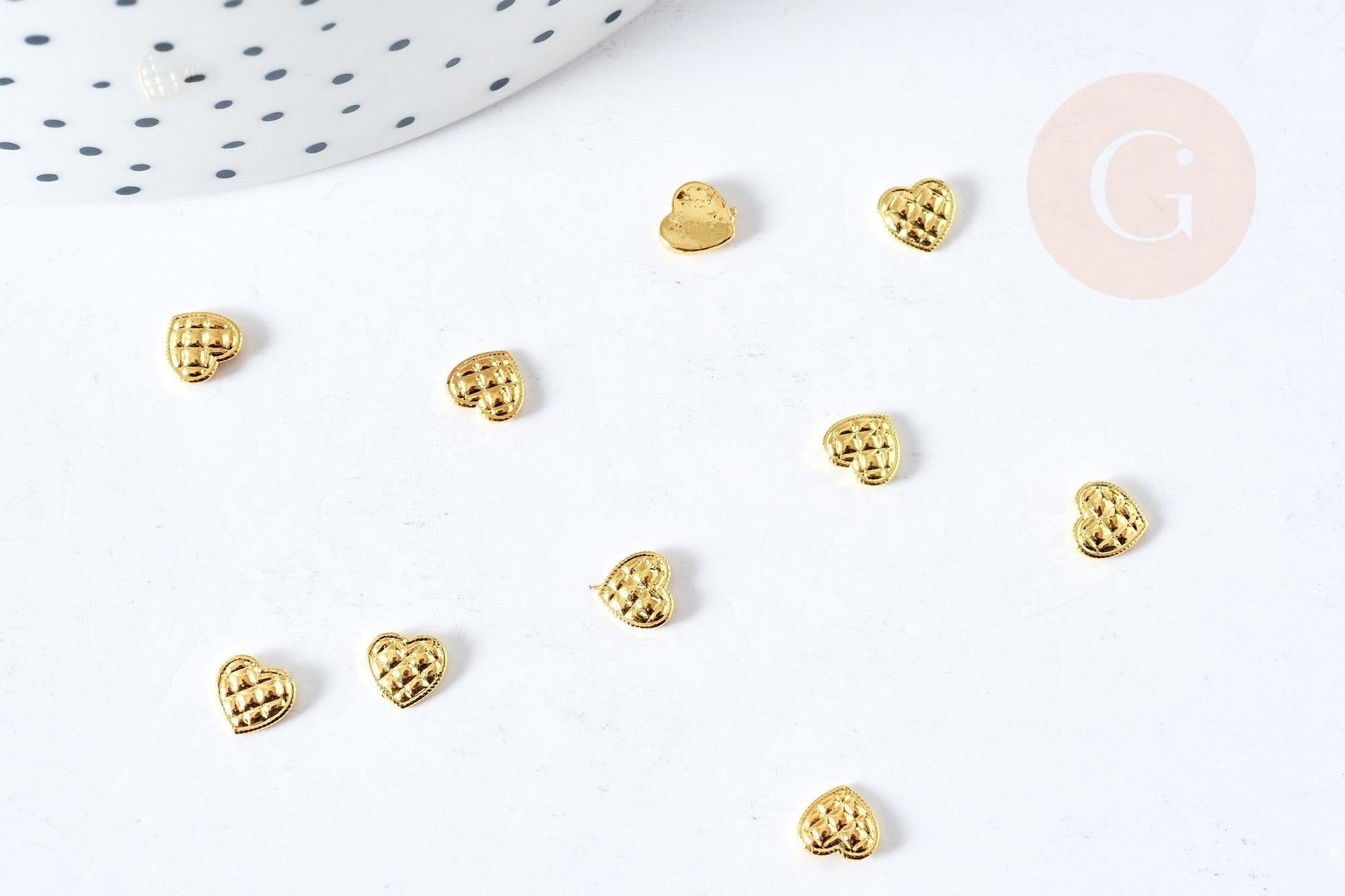 Charm à coller zamac doré coeur texturé .5mm,thème amour et amitié, fournitures à coller décors pierres et bijoux, x10 G8524
