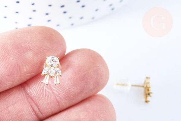 Clous d'oreille ourson en laiton zircons blanc avec poussoirs d'oreilles, idées cadeaux femmes fille la paire, (G7913)