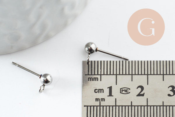Clous puces oreille boule acier 304 inoxydable platine avec anneau 15mm, x10 (G9646)