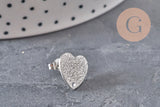 Heart stud earrings, 304 stainless steel, platinum, sanded, 1 hole, 13mm, pair VALID