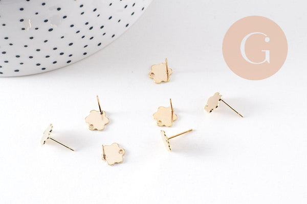 Clous-puces oreille fleur acier 201/316 inoxydable dore 24K lisse 1 trou 9mm, la paire (G10487)