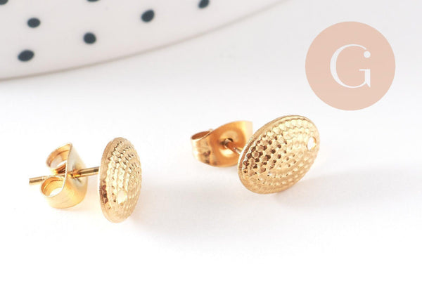 Clous-puces oreille ovale texturé acier 304 inoxydable dore 1 trou 9.5mm, la paire (G10486)