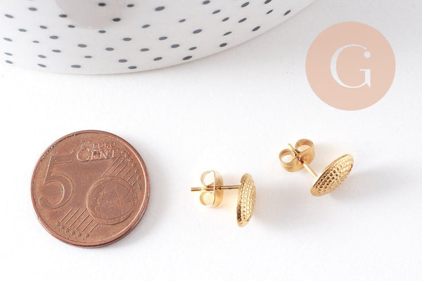 Clous-puces oreille ovale texturé acier 304 inoxydable dore 1 trou 9.5mm, la paire (G10486)