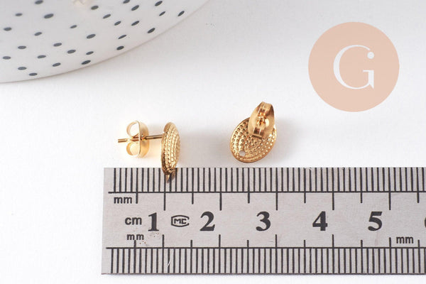 Clous-puces oreille ovale texturé acier 304 inoxydable dore 1 trou 9.5mm, la paire (G10486)