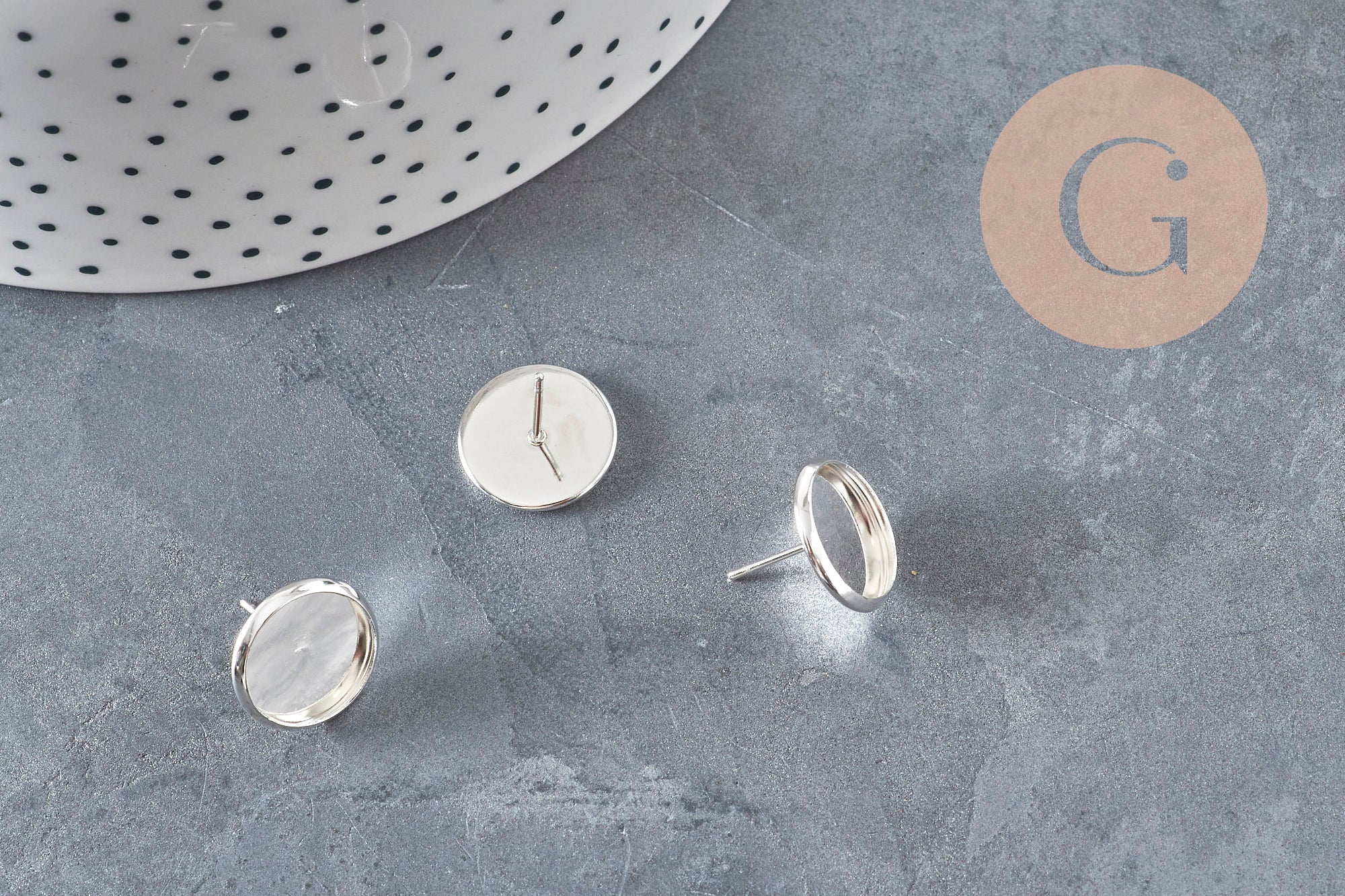 Earring studs, round cabochon setting, 12mm, 304 stainless steel, silver-plated, x10 (G11214)