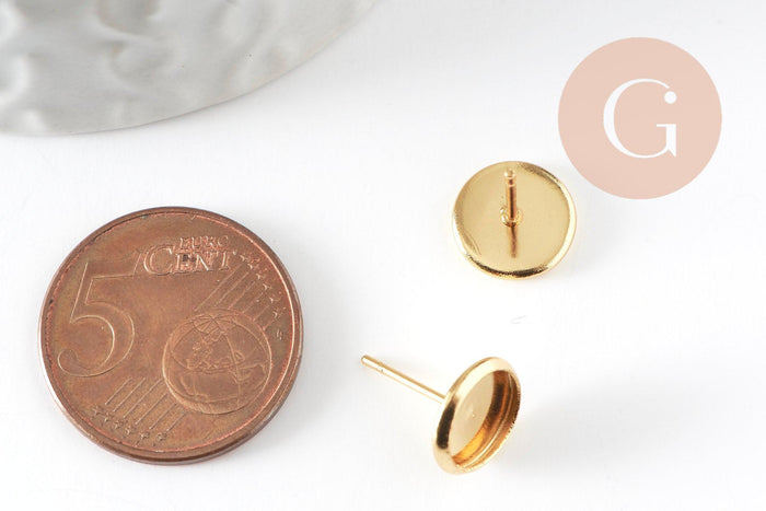 Clous-puces oreille support cabochon rond 8mm acier 304 inoxydable dore, x10 (G5322)