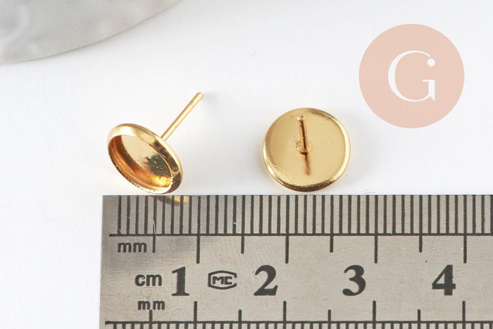 Clous-puces oreille support cabochon rond 8mm acier 304 inoxydable dore, x10 (G5322)