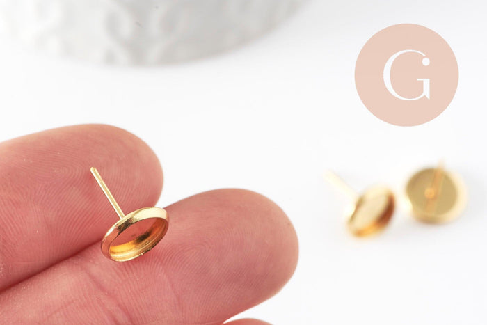 Clous-puces oreille support cabochon rond 8mm acier 304 inoxydable dore, x10 (G5322)