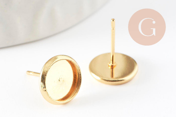 Clous-puces oreille support cabochon rond 8mm acier 304 inoxydable dore, x10 (G5322)