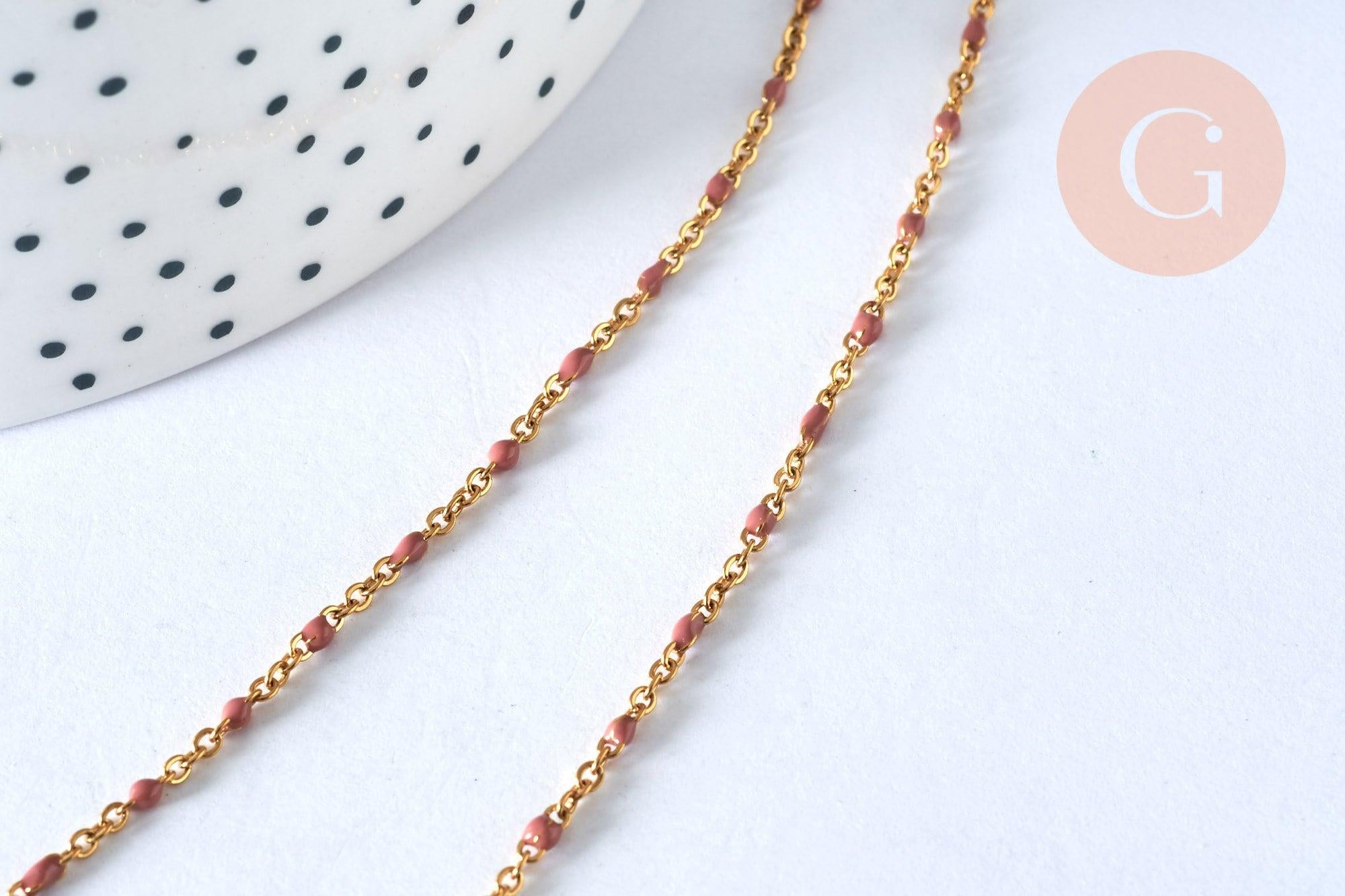 Collier Chaine acier doré 304 inoxydable 14 carats complète résine rose 1.5mm-45.5cm,chaine dorée, x1, G0327