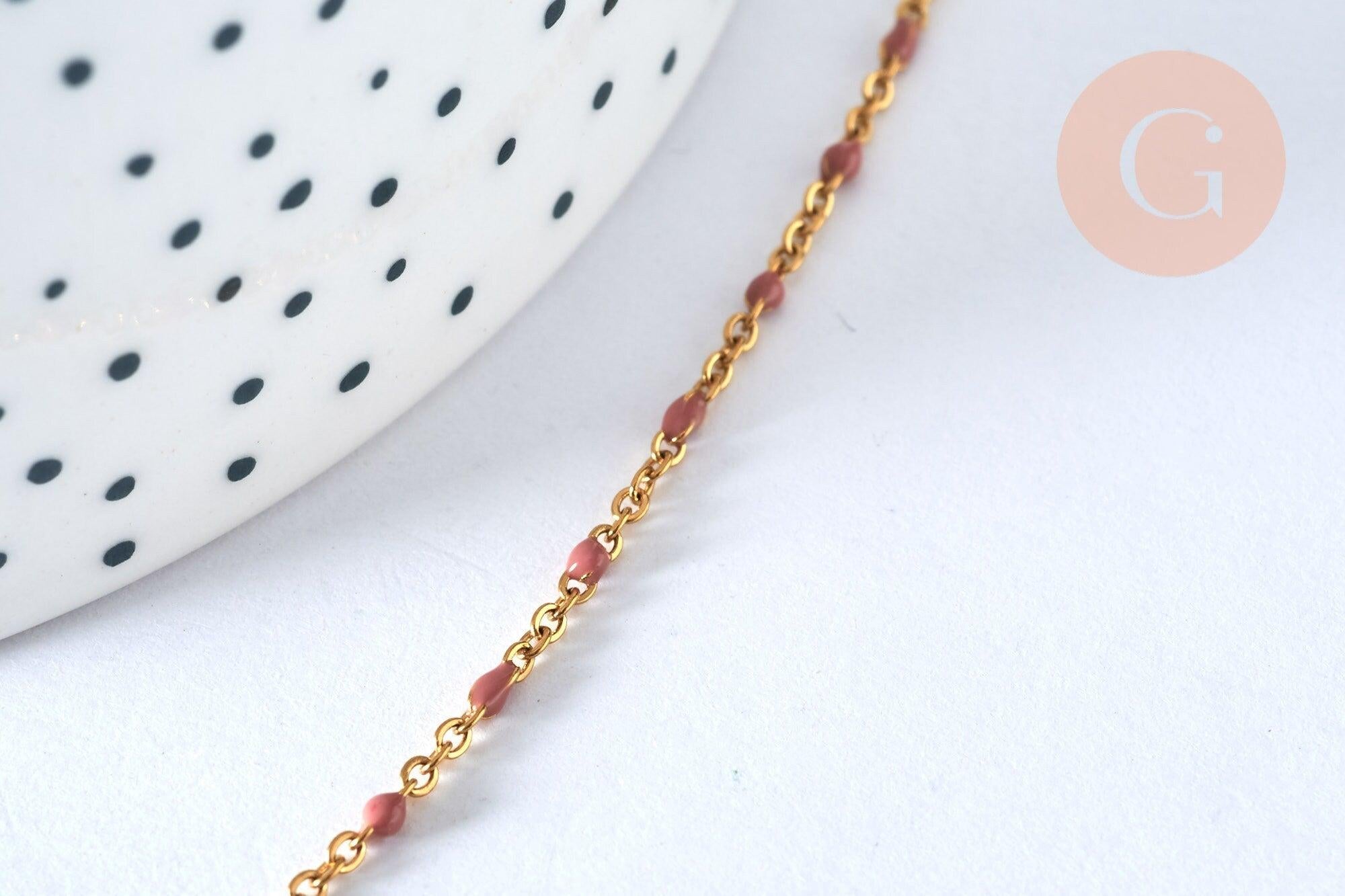 Collier Chaine acier doré 304 inoxydable 14 carats complète résine rose 1.5mm-45.5cm,chaine dorée, x1, G0327