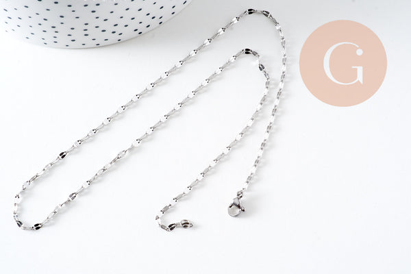 Collier Chaine complète avec fermoir acier inoxydable platine 45cm, x1 (G6566)