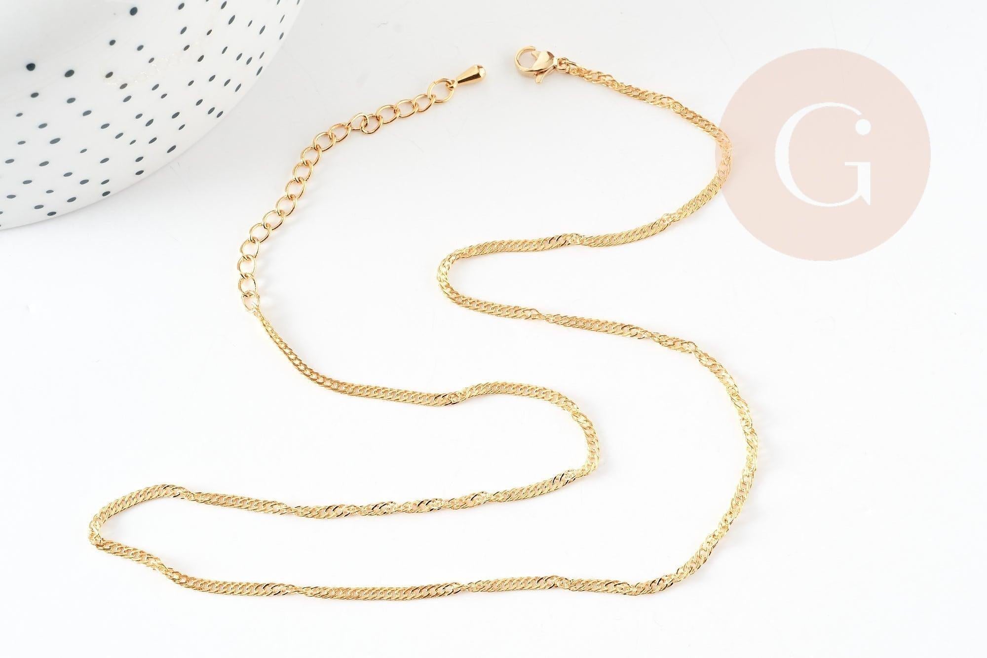 Collier Chaine fine dorée maille singapour 16K 2.5 microns avec extension 1.5 mm- 45/50cm, collier complète dorée avec fermoir, x1 G9240