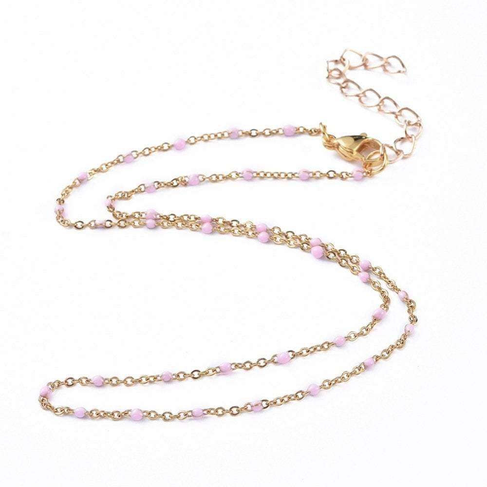 Collier Chaine laiton doré 18k fantaisie résine rose,chaine fantaisie dore,chaine complète,2mm,40cm, x1 G3488