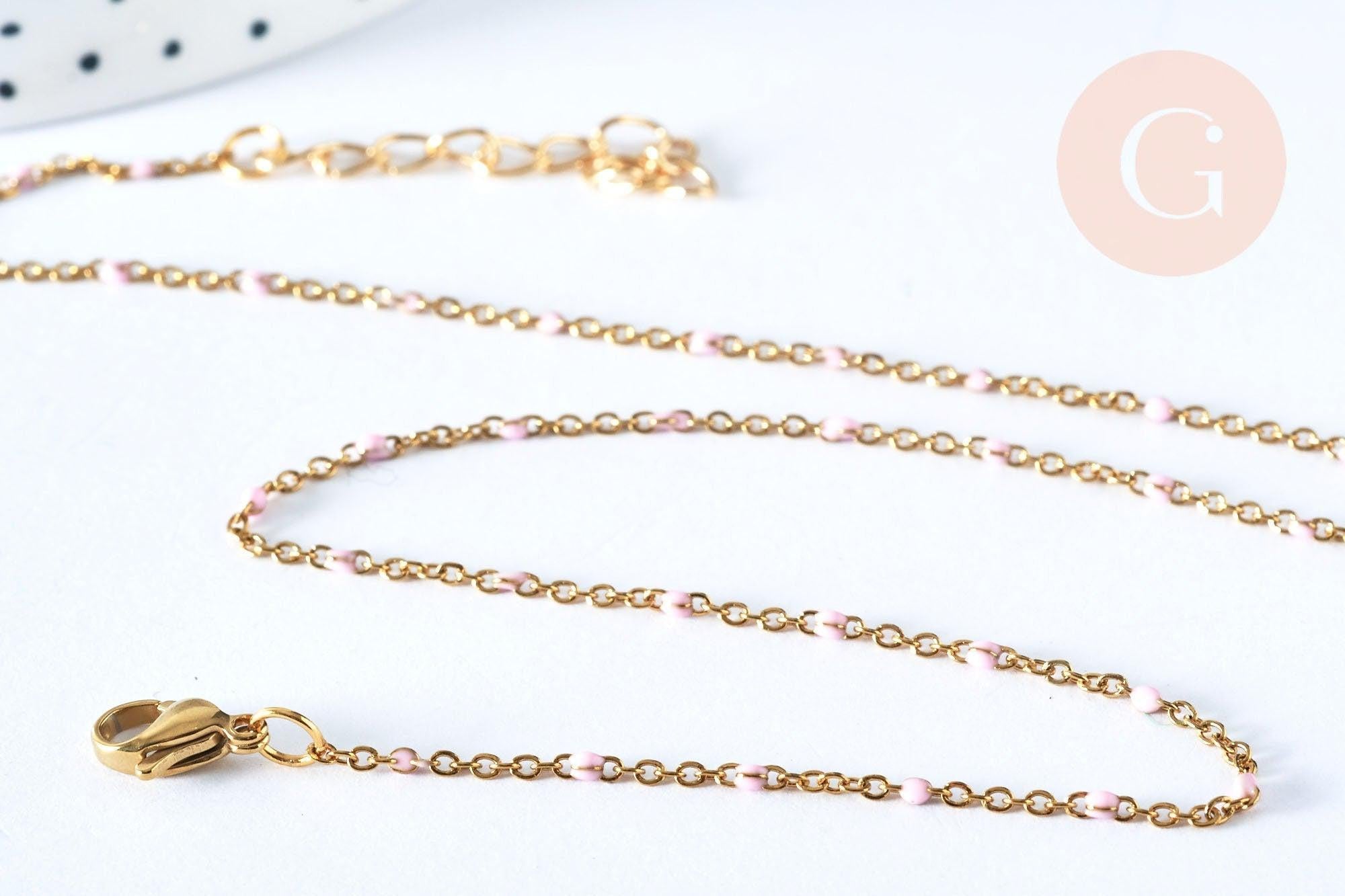 Collier Chaine laiton doré 18k fantaisie résine rose,chaine fantaisie dore,chaine complète,2mm,40cm, x1 G3488