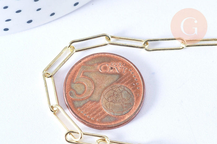 Gold-tone rectangular chain draped around a 5-euro-cent coin, showcasing the Collier Chaine laiton doré clair maille rectangle from Gingerily.