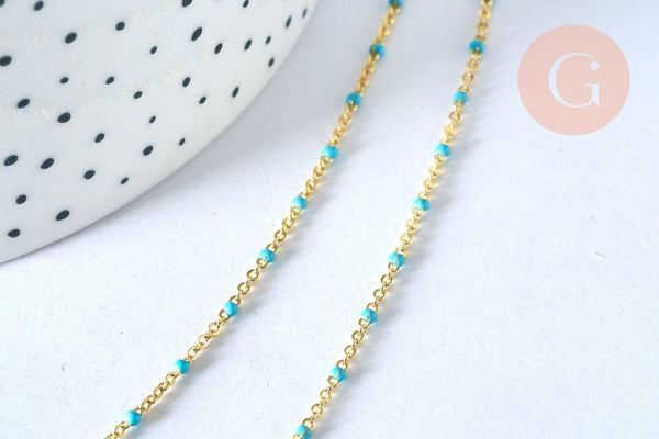 Collier chaine laiton doré 18k fantaisie résine turquoise 2mm/40cm, x1 (G3152)