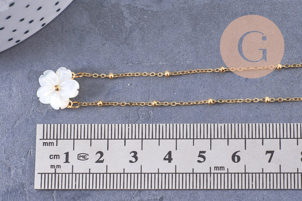 Collier fleur nacre naturelle chaine acier inoxydable doré PVD 18k 45cm, x1 (10581)